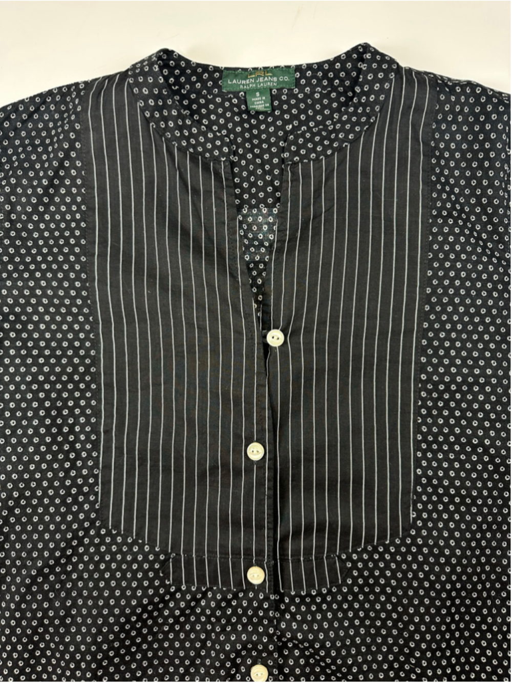 Lauren Jeans Co Ralph Lauren Women’s Small Black White Mixed Print Bib Blouse - Picture 6 of 13